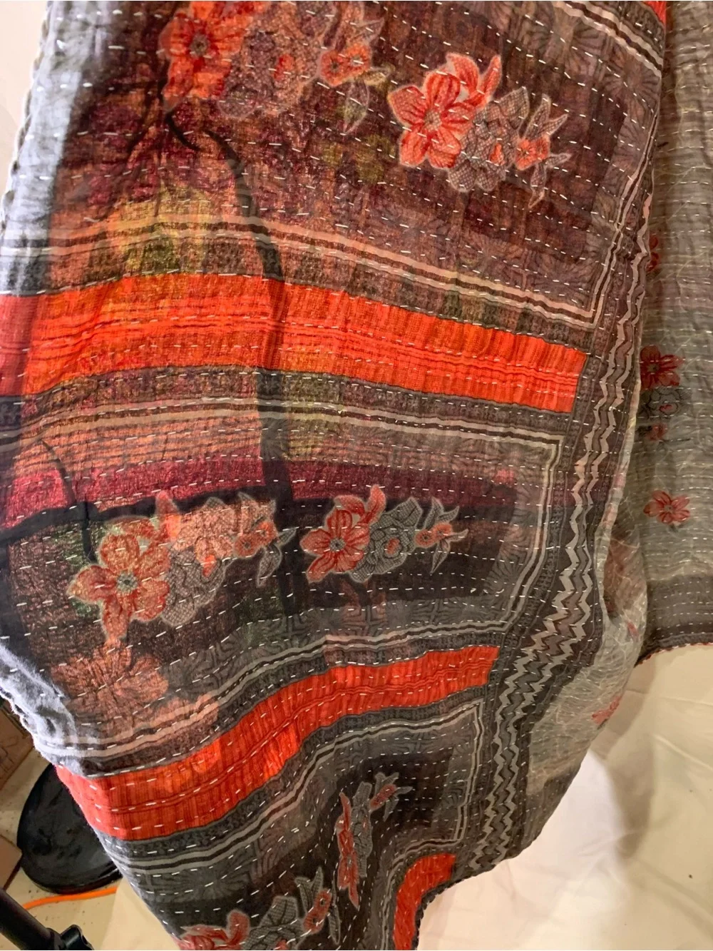 Handmade Kantha Quilt Twin Size Recycled Sari Cotton Mustard Red Green Grey
